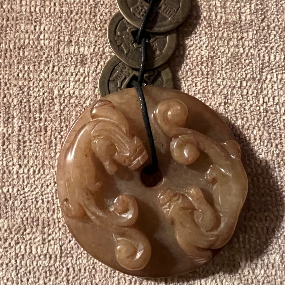 New Chinese large brown stone disc bead necklace with dragon carvings